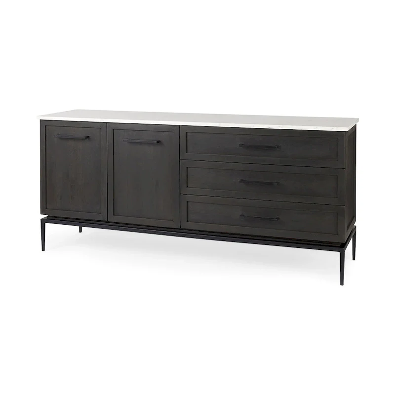 Dark Brown Wood w/ White Marble Top and Black Metal Base Sideboard - 71.0L x 18.5W x 32.0H