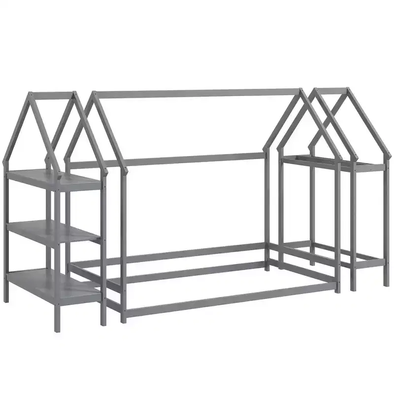 Costway Twin Size House Bed Montessori Floor Bed with Detachable Storage Shelves Gray/White
