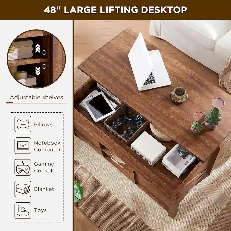 Farmhouse Lift Top Coffee Table, Rustic Wood Center Table