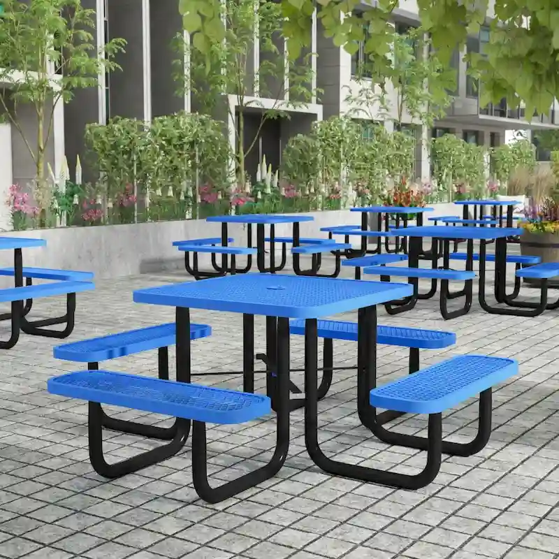 Commercial Grade Expanded Mesh Metal Outdoor Picnic Table with Anchors - 79.75D x 79.75W x 28.75H