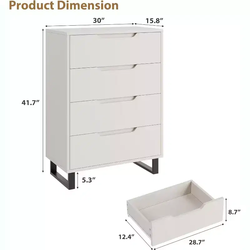 DobleePy 30 White 4-Drawer Dresser, Freestanding Tall Storage Cabinet, Vertical Floor Chest for Bedroom, Closet, Entryway