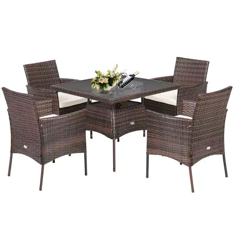 Costway 5PCS Patio Rattan Dining Furniture Set Armrest Sofa Chair Glass Table