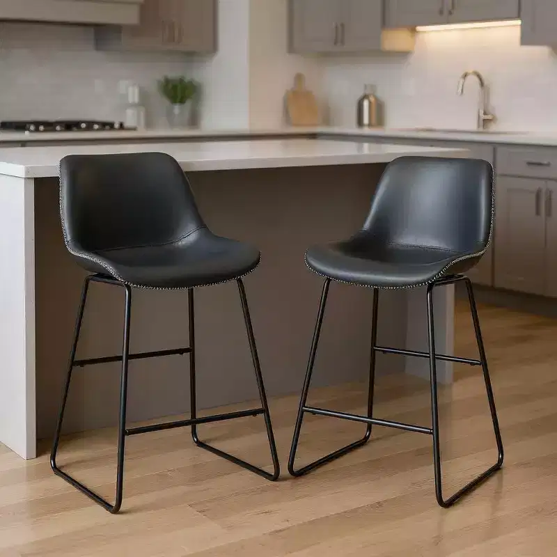 Set of 2 Black Faux Leather Low Back Counter Height Bar Chairs, Metal Frame
