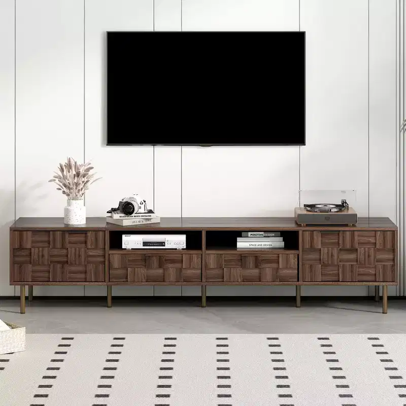 GDFStudio Maurice Mid Century Modern TV Stand with 2 Drawers and Decorative Grid Cabinet Doors