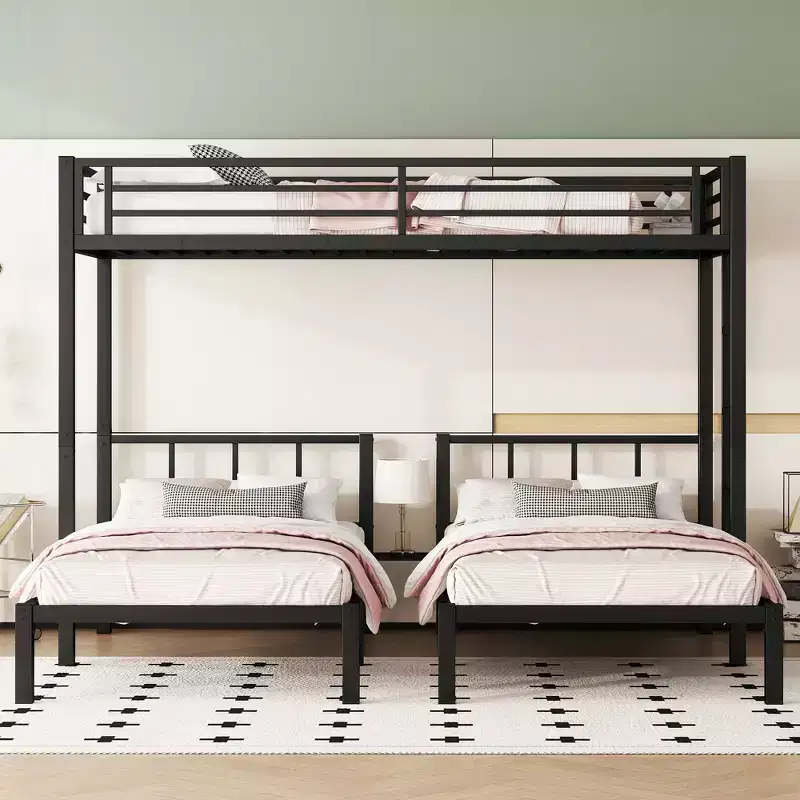 Bellemave Twin over Twin & Twin Metal Triple Bunk Bed, Detachable L-Shape, Convertible to 3 Beds, Guardrails & Shelf, Black