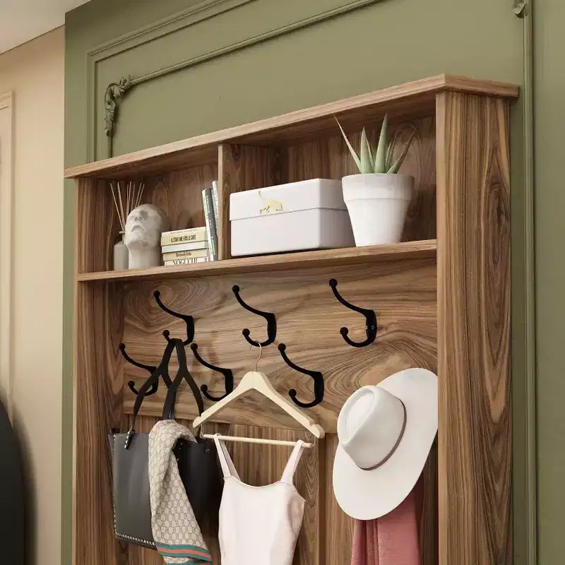 Famapy Wood 3-in-1 Hall Tree Bench with Double Hooks and Shelves