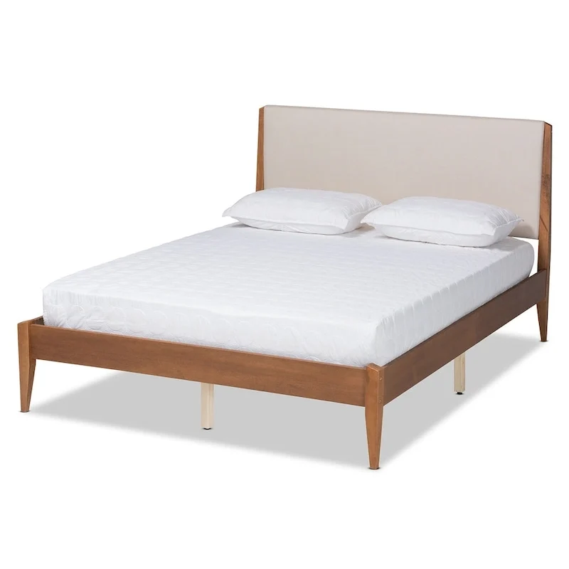 Mid-Century Modern Upholstered Platform Bed with Tapered Legs and Wood Slats – Beige, Full / Queen / King