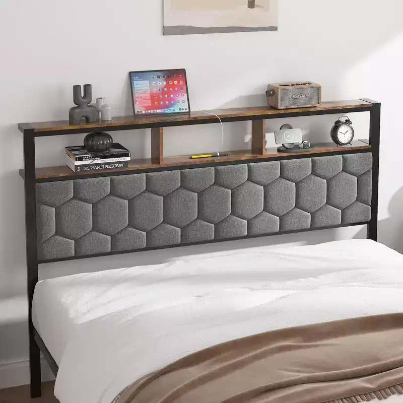Brown Upholstered Platform Bed Frame with USB Ports | Full/Queen/King | Sleeps 1–2