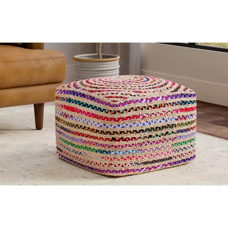 Mattise 20 inch Wide Boho Pouf in Multicolor Natural Jute/Cotton Chindi, Assembled