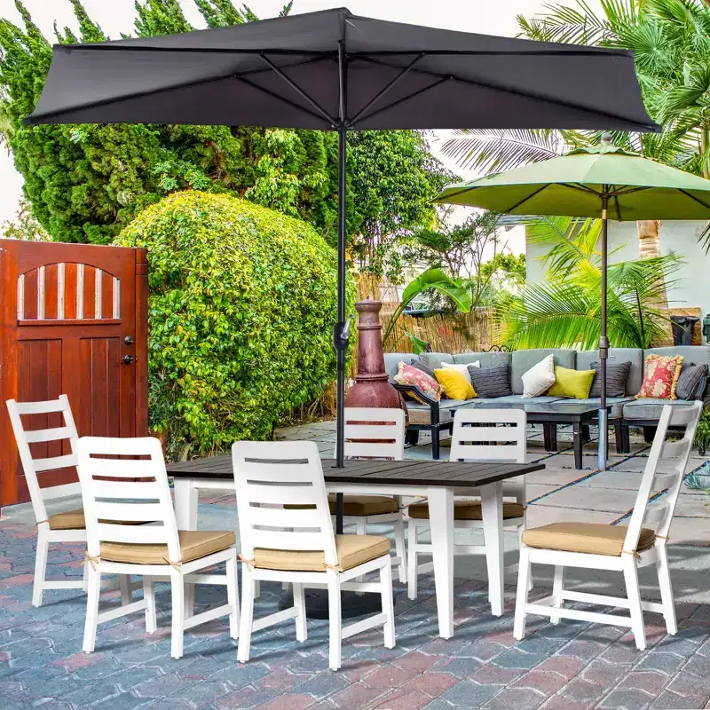 Outsunny Patio Dining Set for 6, Outdoor Furniture Set with a Table & Chairs, Cushions, Umbrella Hole for Garden, Backyard, or Poolside, Beige