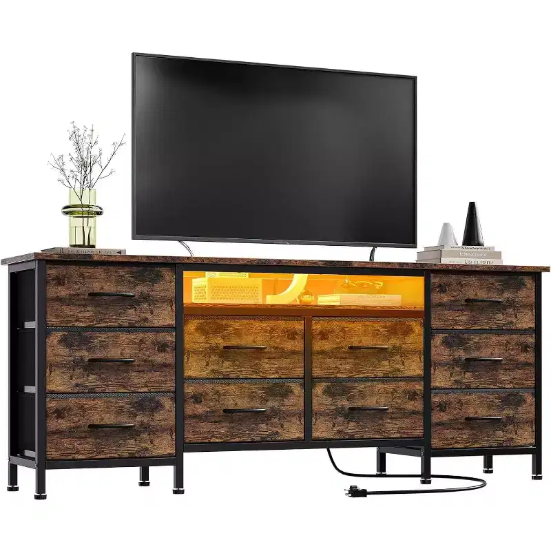 TV Stand for 65-75 Inch TV, 10 Drawer Long Dresser with Power Outlets and LED Lights, 63 Inch Entertainment Center TV Stand Dresser Storage Drawers