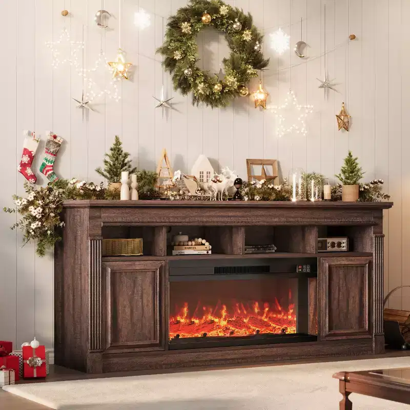 32-Inch Farmhouse TV Stand 68, Entertainment Centre for TVs Up to 75 Inches, Media Console with Open Storage Cabinets for Living Room