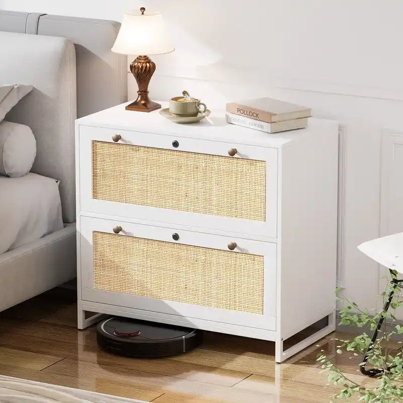 File Cabinet Lateral 2-Drawer Wood Rattan with Lock for Home Office