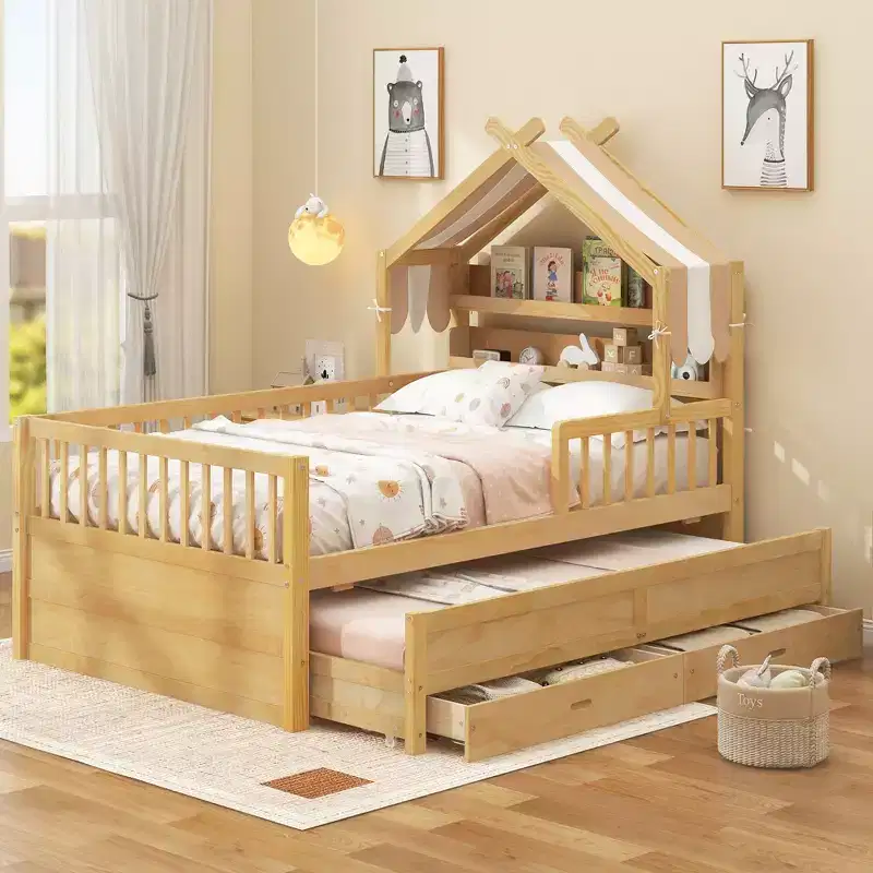 GDFStudio Sanders Wooden House Bed with trundle and Fabric