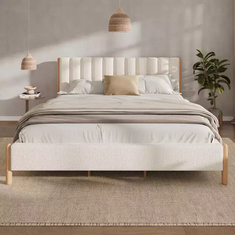 Queen/King/California King Size Upholstered Platform Bed Frame with Thick Padded Headboard & Solid Wood Legs, White - ModernLuxe