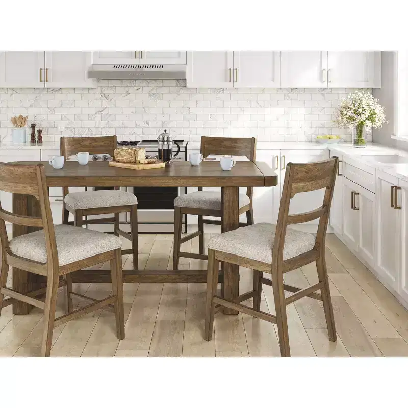 Signature Design by Ashley Cabalynn Counter Height Upholstered Barstools, Set of 2, Light Brown Frame with Cushioned Oatmeal Seat