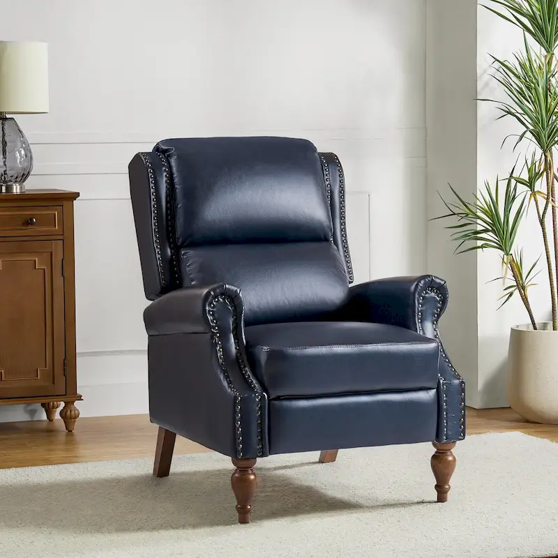 Traditional Vegan Leather Manual Push-Back Recliner, Padded Armrests, Solid Wood Legs, Living Room