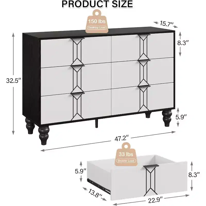 Wooden 6 Drawer Dresser with Vintage Pattern Design, Modern Chest Dresser with Deep Drawers for Bedroom, Living Room, Entryway