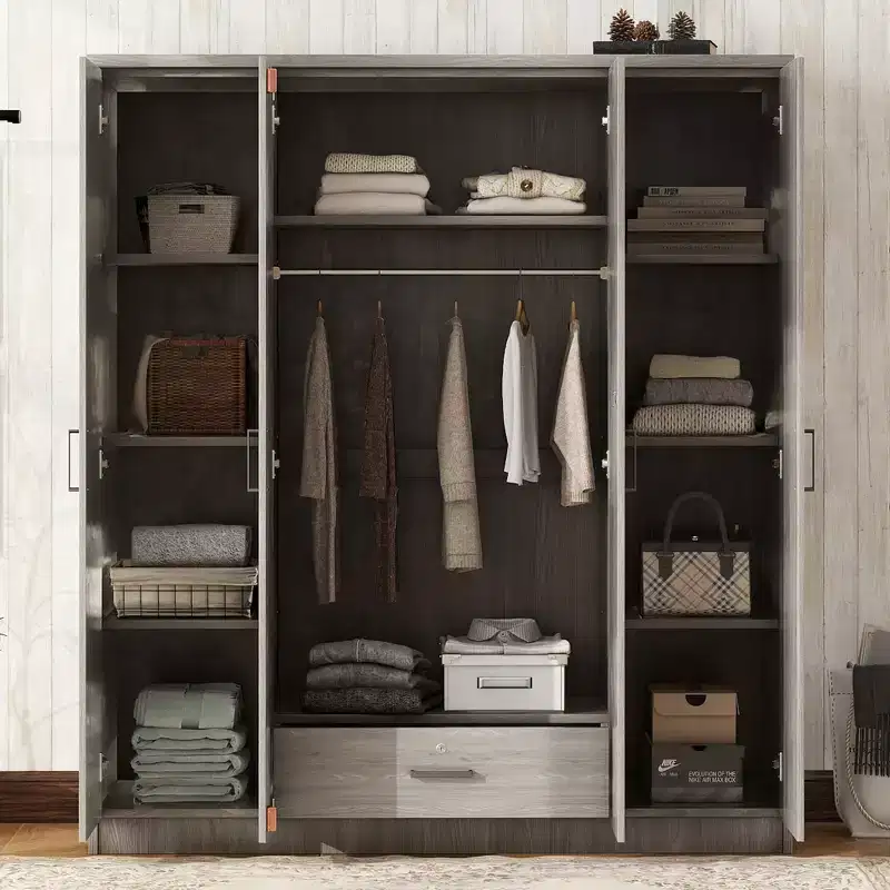 Wood 4-Door Wardrobe Armoire with Hanging Rod, 1-Drawer and Storage Shelves