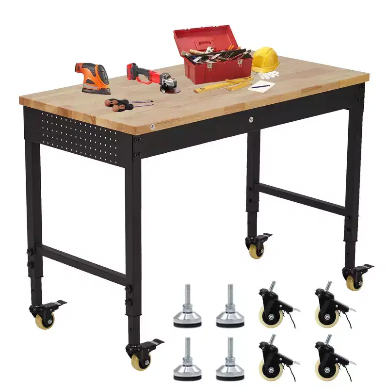 CuisinSmart 48''x24'' Adjustable Rolling Workbench, Heavy Duty Work Bench with Power Outlets, Lights, Storage Drawer, Pedboard, 30 Hooks