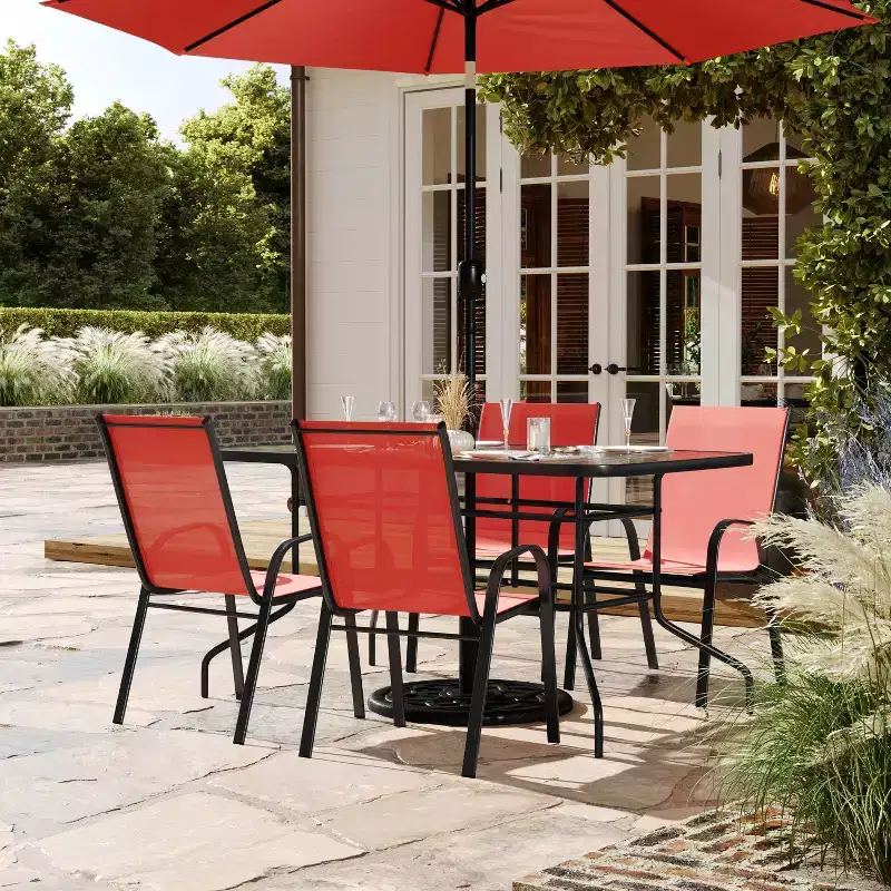 Flash Furniture Brazos 5 Piece Outdoor Patio Dining Set - Tempered Glass Patio Table, 4 Flex Comfort Stack Chairs