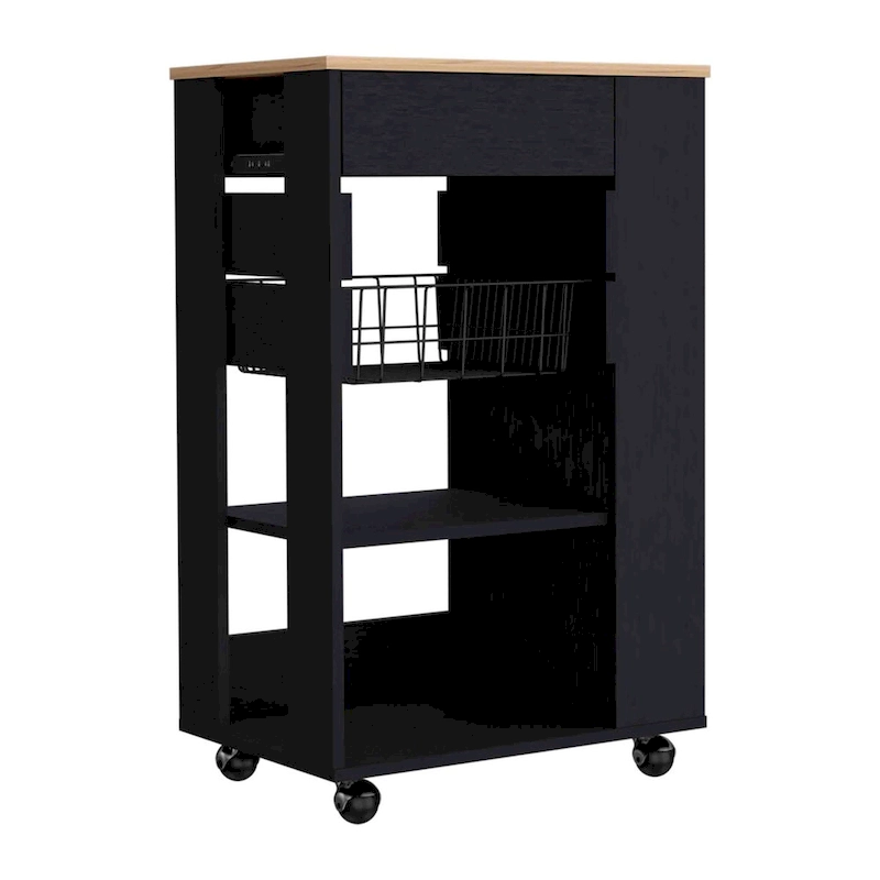 Kitchen Cart, One Drawer, Two Open Shelves, Four Casters -White / Light Oak