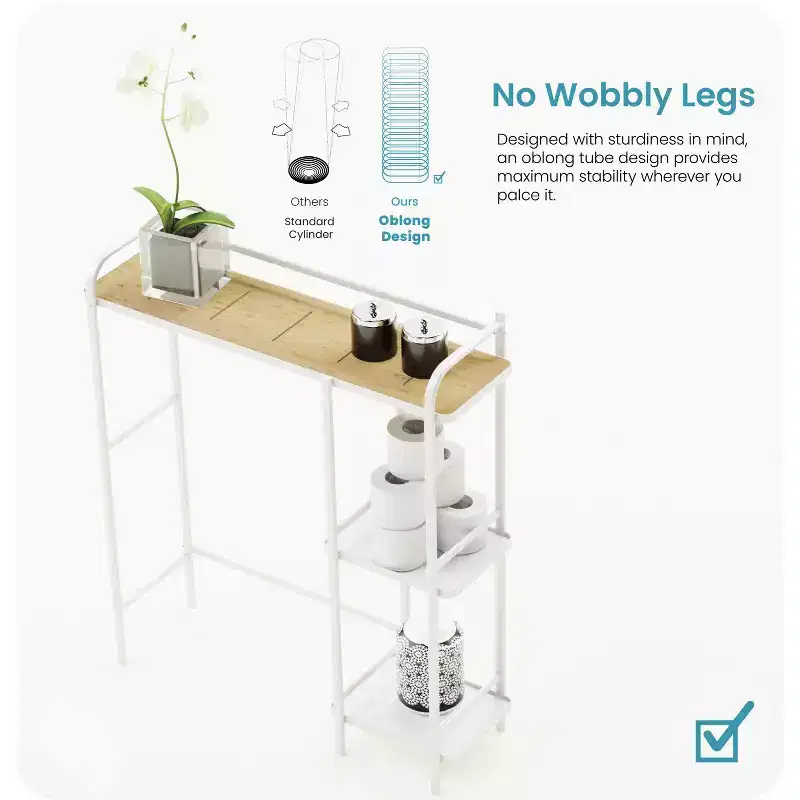 Home Zone Living Over-the-Toilet 3-Tier Storage Organizer with Bamboo Accent Top and Steel Frame, Freestanding Bathroom Shelf, White Finish