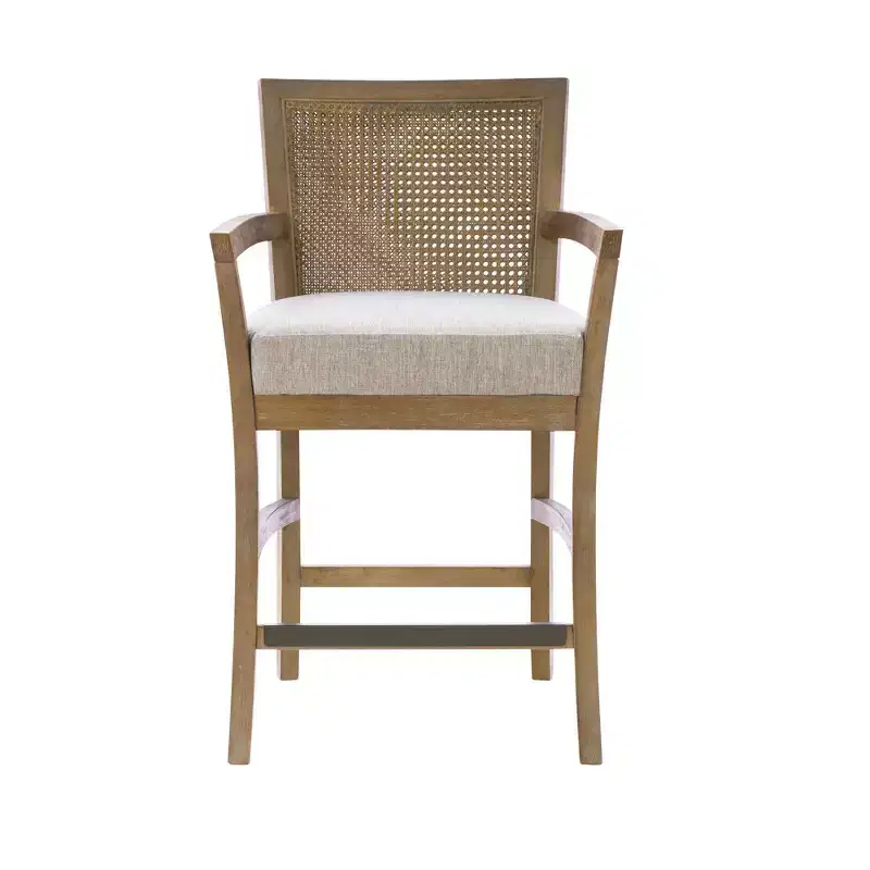 Cane Back Counter Height Barstool – Cream Seat, Reclaimed Wood Frame