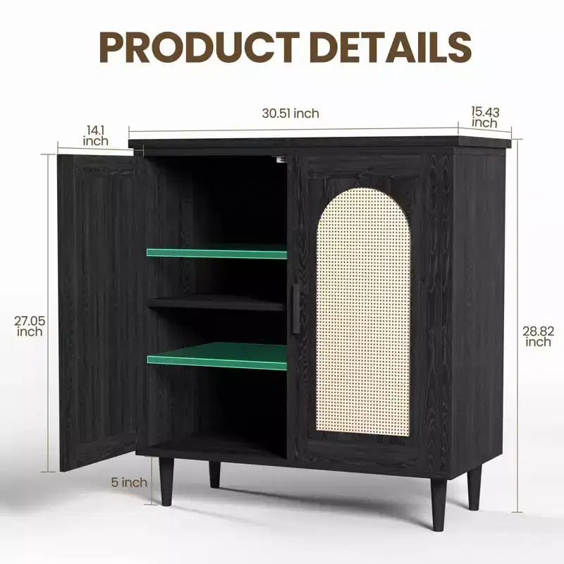 Boho Rattan 2-Door Buffet Cabinet, Wood Sideboard with Adjustable Shelves & Storage, Multi-Scene Cupboard for Kitchen, Living Room, Dining Room