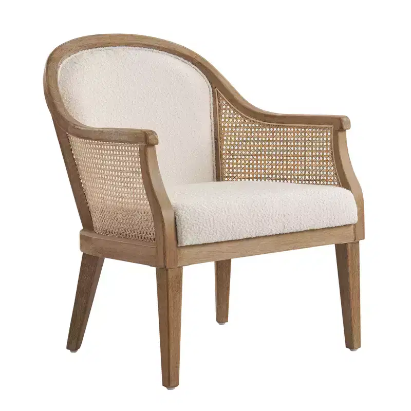 Farmhouse Rattan Barrel Armchair with Solid Wood Frame