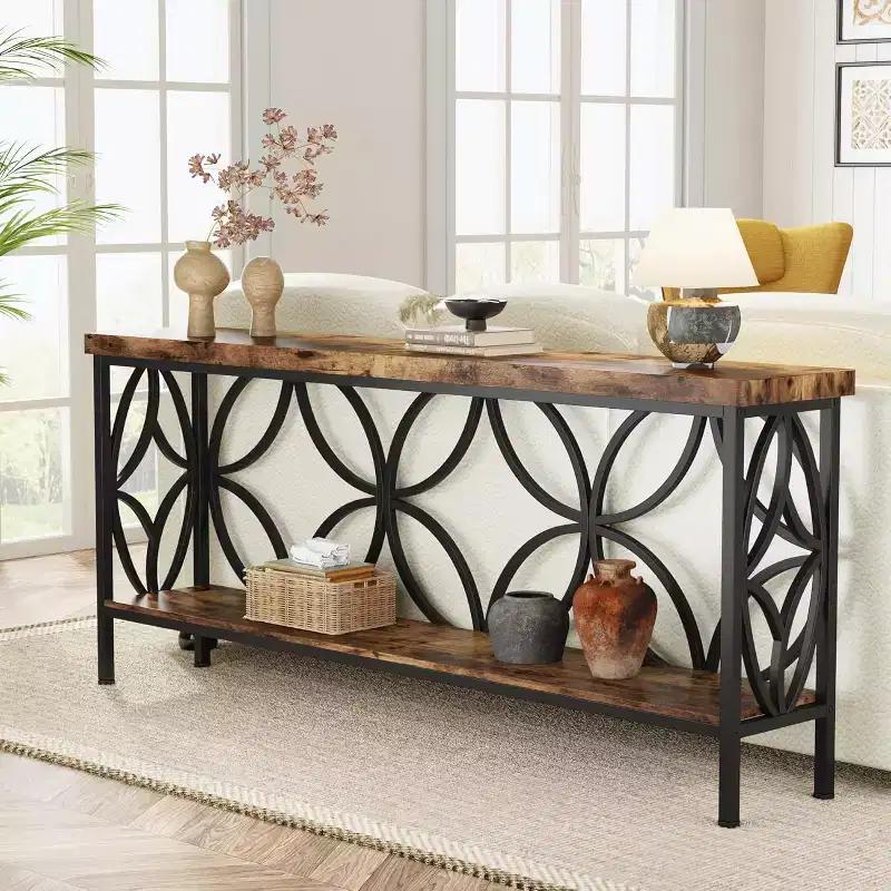 70.9-Inch Narrow Sofa Table, Industrial Long Sofa Table Behind Couch with Storage for Entryway, Living Room, Foyer, Rustic Brown