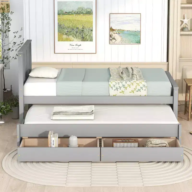 Wood Twin Size Platform Bed with Trundle and Drawers