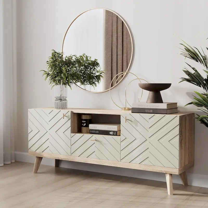 Mid-Century Modern TV Stand Console with Drawer, Beige, Fits TVs up to 65 in, Wood Legs