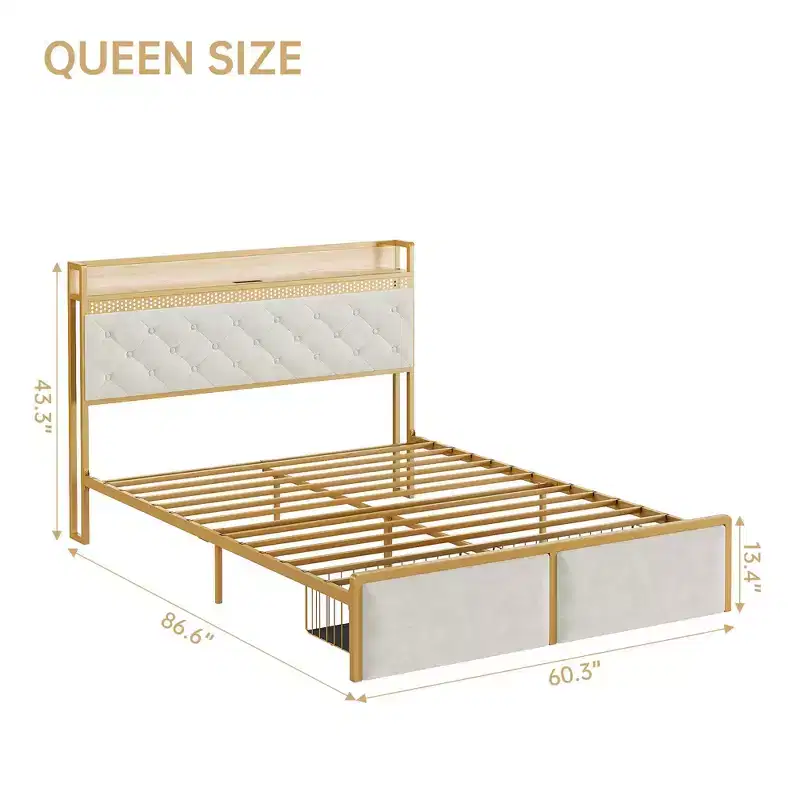 Bed Frame with Headboard and 2 Storage Drawers, Upholstered Platform Bed with Charging Station, Heavy Duty
