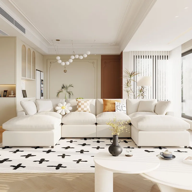 Beige 134.40 Modern U-Shaped 6 Seater Sectional Sofa with 2 Large Chaises, Removable Ottomans and Soft Cushions
