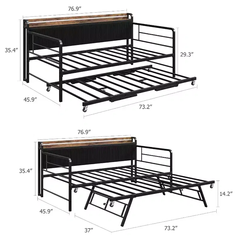 Double bed frame, corduroy upholstered headboard with storage, heavy-duty metal sofa bed, pop-out pull-down bed, suitable for living room and bedroom