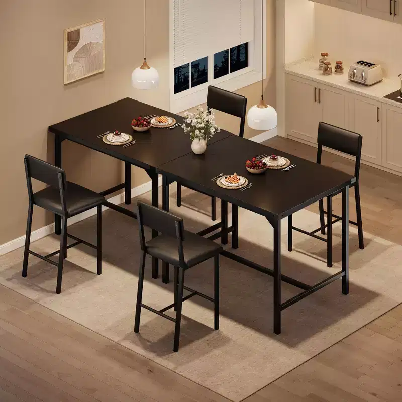 Dining Table Set for 2 W/Footrest & Backrest, Counter Height Table with 2 Upholstered Bar Chairs, Kitchen Table Set with Corner Protector
