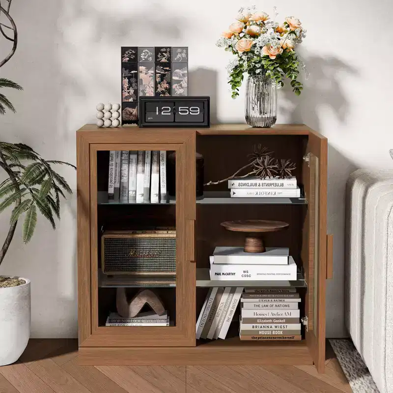 MAYEERTY 16 Tall Storage Cabinet with Glass Doors 2 Shelves, Freestanding Cabinet for Living Room Kitchen Beige 1pcs