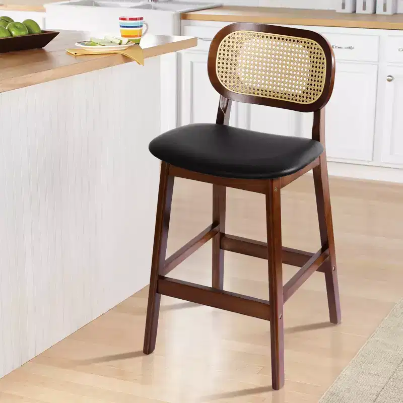 Mid Century Modern Rattan Bar Stools, Counter Height with Faux Leather or Boucle Fabric Upholstery