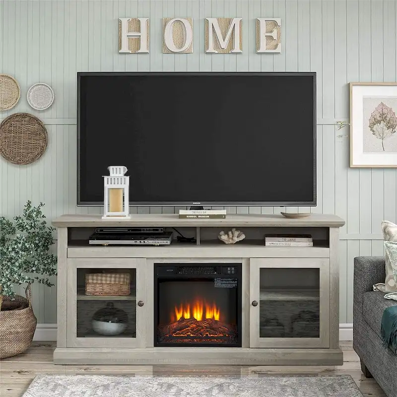 60-Inch Electric Fireplace TV Stand with Adjustable Shelves and Cabinets