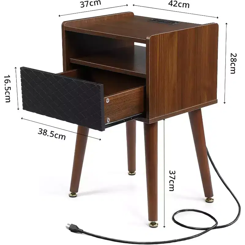 Modern End Table with Charging Station,Farmhouse Nightstand with Storage Drawer,& Open Shelf,Solid Wood Legs for Bedroom