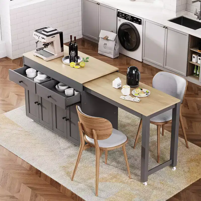 Whisen 74.5 Kitchen Island & Kitchen Storage Cart with Extendable Dining Table, Spice Rack and 2 Drawers