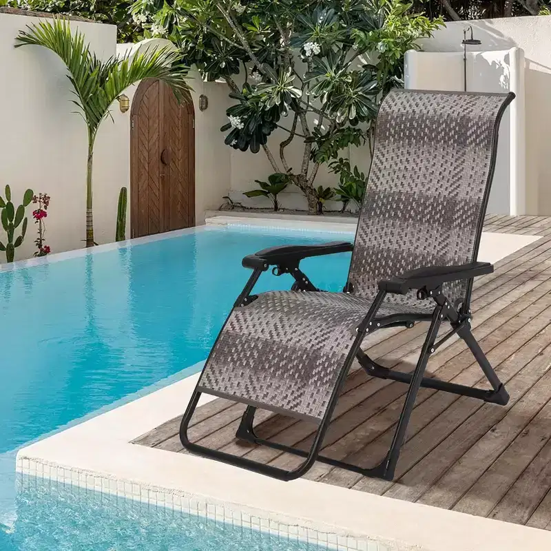 GustoWave Foldable Rattan Reclining Lounge Chair with Wide Armrests and Locking System, Perfect for Poolside, Backyard, Garden, or Balcony