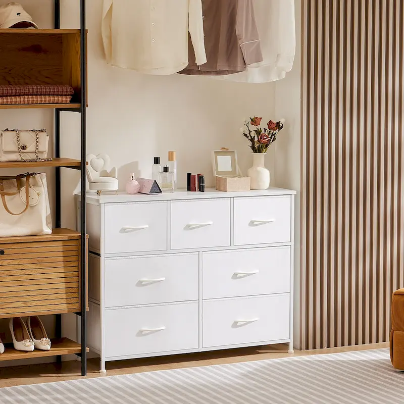7-Drawer Fabric Dresser with Metal Frame – White
