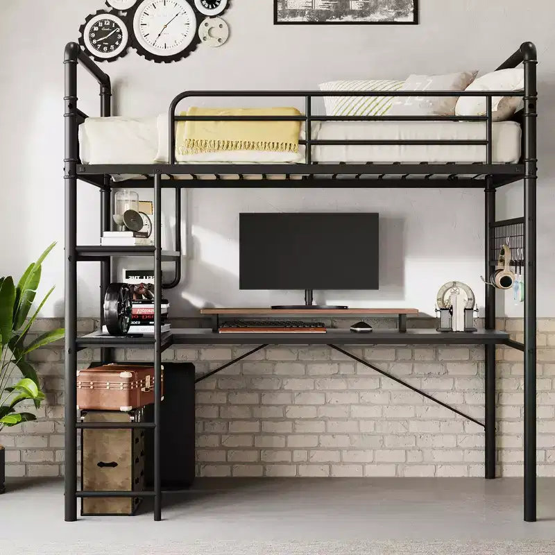 Loft Bed Twin Size with L-Shaped Desk, Twin Metal Loft Bed with Storage Shelves & Safety Guardrail & Ladder, No Box Spring Needed