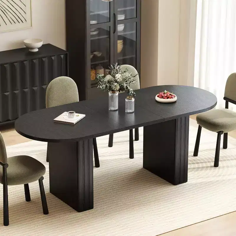 Extendable Oval Dining Table for 4–8 – Travertine-Inspired Finish, Rounded Corners, Black