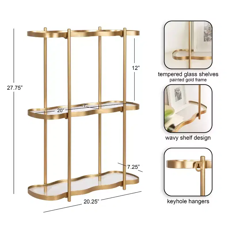 Kate and Laurel Curventi Tiered Wall Shelf Glass and Metal, Gold, 21x8x28