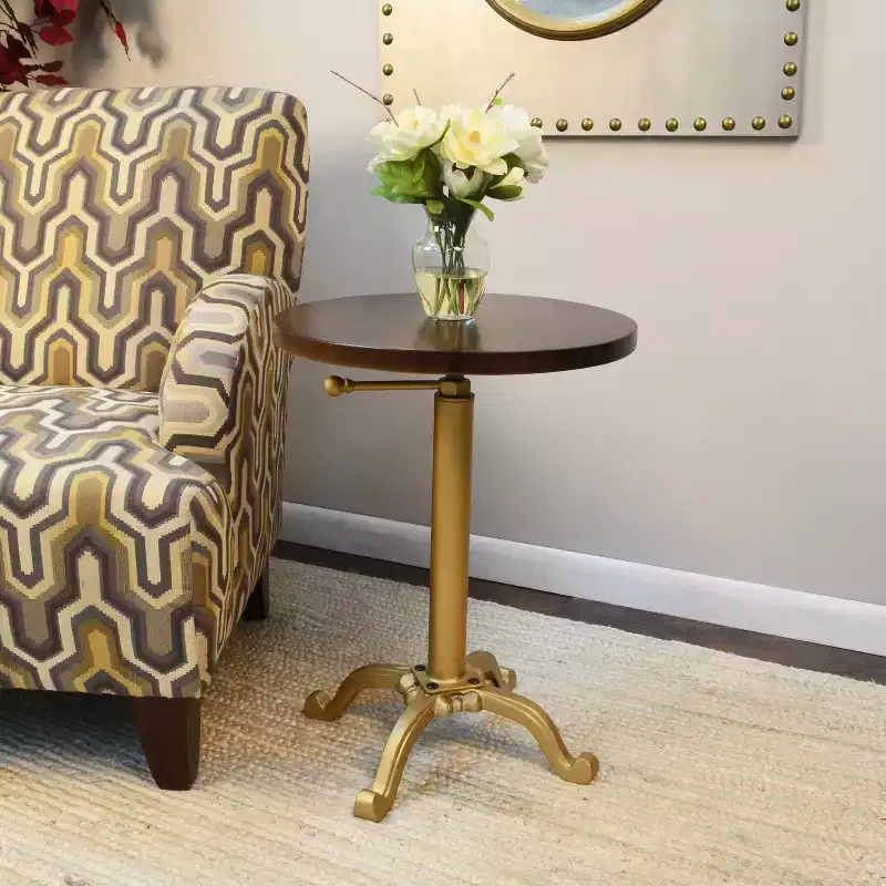 Adjustable Vintage Accent Table Gold: 24" High, Round Mango Wood Top, Metal Frame
