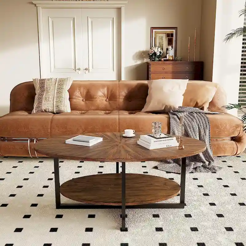 Solid Wood Oval Coffee Table with Cross Metal Legs