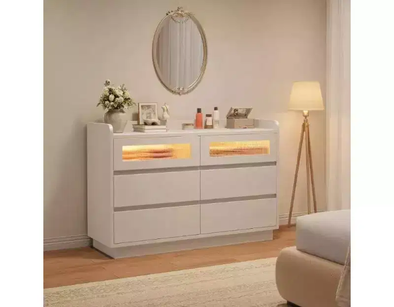 6-Drawer Dresser for Bedroom | 47.2 Wooden Closet Storage Chest with 2 Glass Drawers for Hallway, Entryway & Organization
